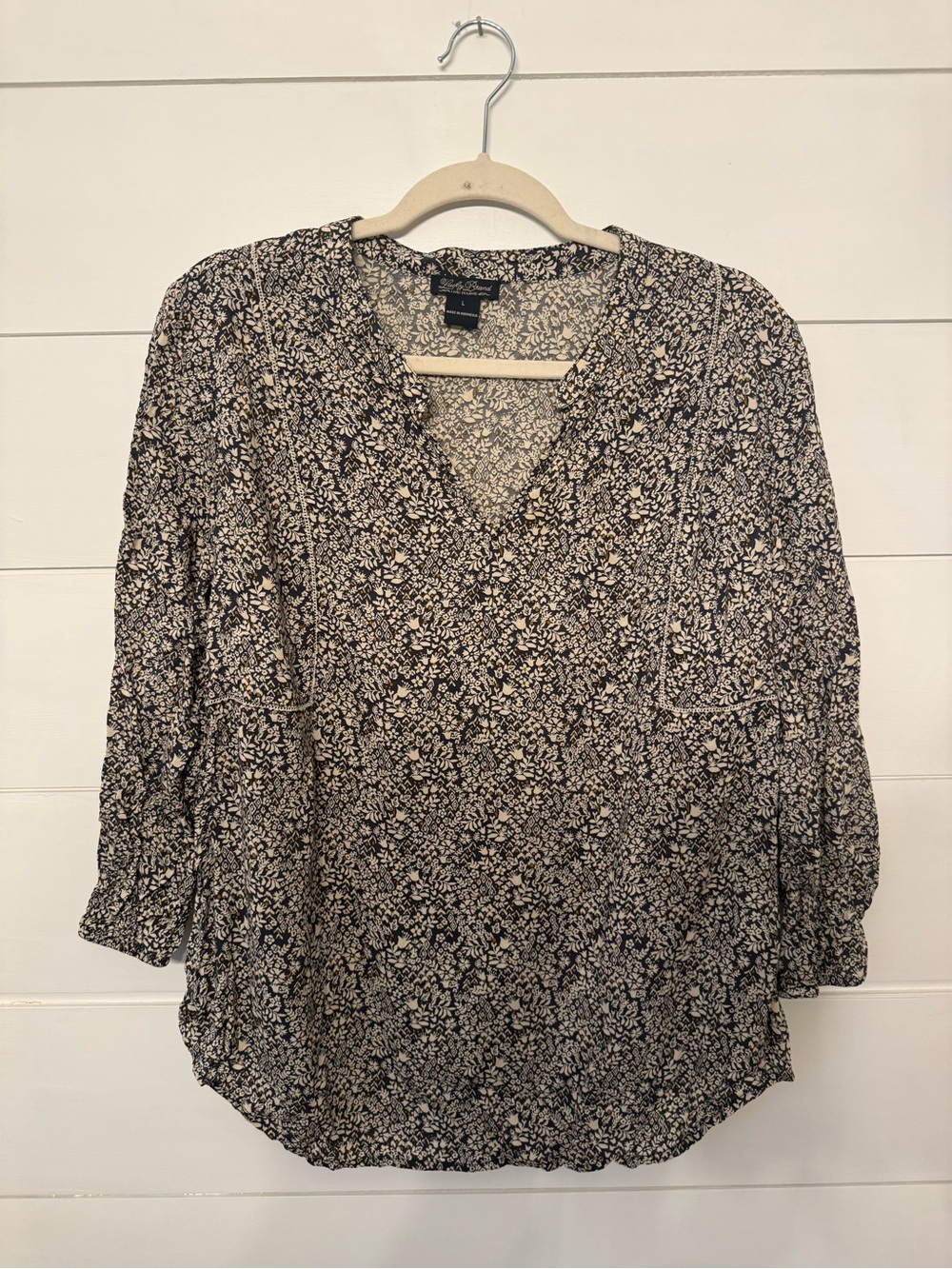 Lucky Brand Black and Cream Floral V-Neck Peasant Blouse